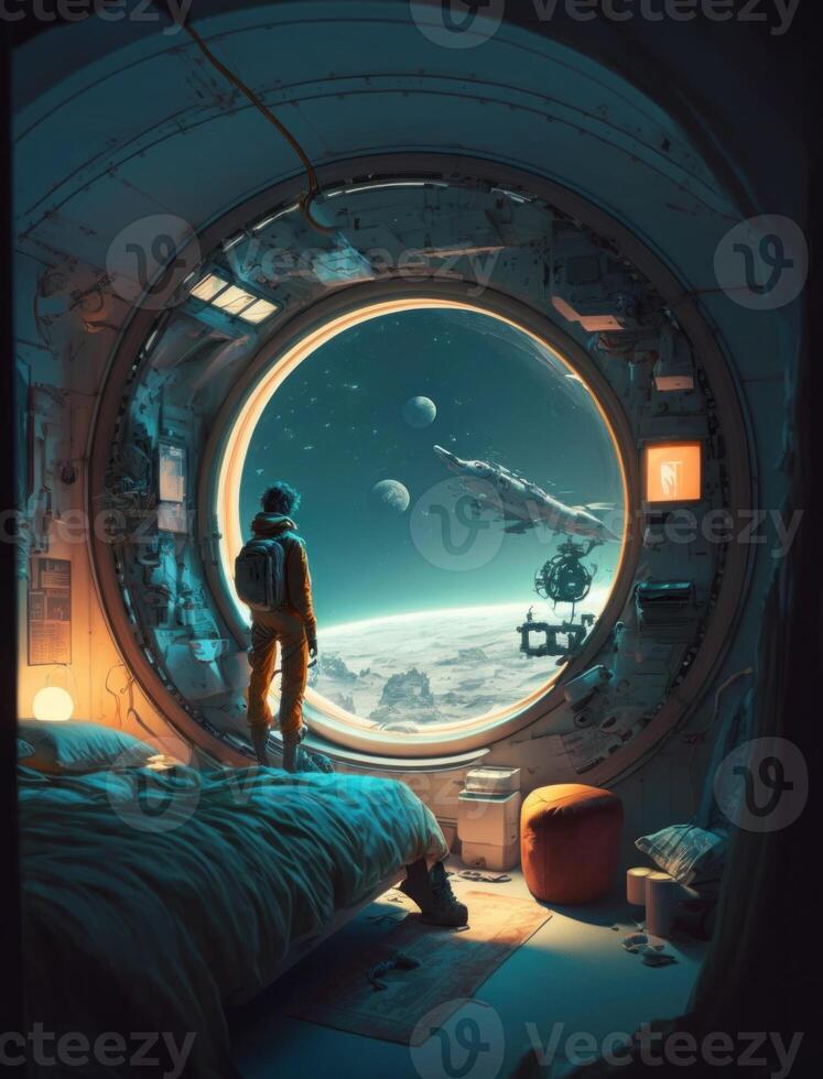 Illustration cartoon design of a crowded astronaut's sitting bedroom in the spaceship and looking outside to the space view. spaceman sitting bedroom in spaceship. Non-existent person. photo