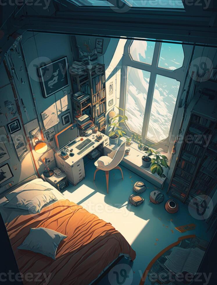 Illustration cartoon design of a crowded astronaut's sitting bedroom in the spaceship and looking outside to the space view. spaceman sitting bedroom in spaceship. Non-existent person. photo