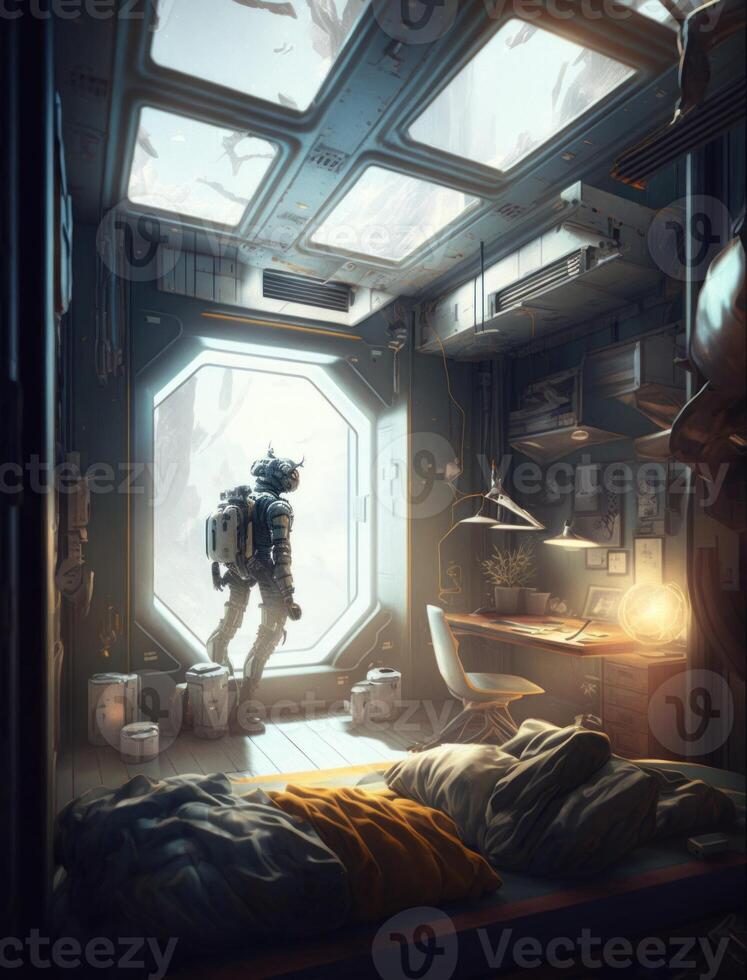 Illustration cartoon design of a crowded astronaut's sitting bedroom in the spaceship and looking outside to the space view. spaceman sitting bedroom in spaceship. Non-existent person. photo