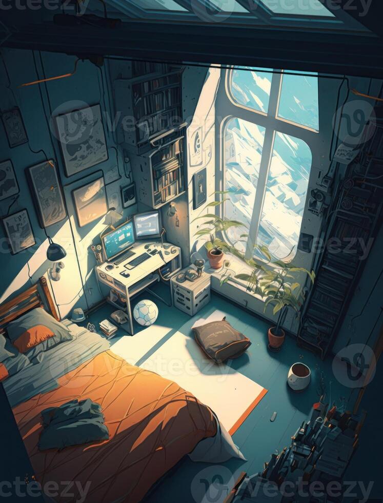 Illustration cartoon design of a crowded astronaut's sitting bedroom in the spaceship and looking outside to the space view. spaceman sitting bedroom in spaceship. Non-existent person. photo