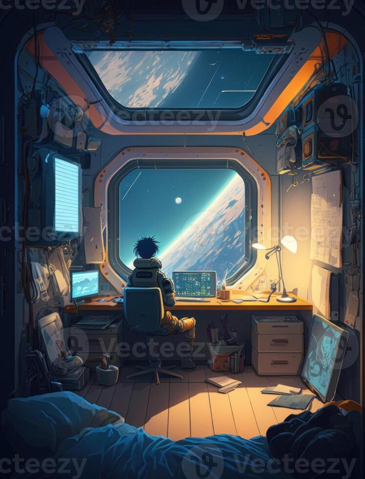 ilustración dibujos animados diseño de un concurrido de astronauta sentado dormitorio en el astronave y mirando fuera de a el espacio vista. astronauta sentado dormitorio en astronave. inexistente persona. generativo ai foto