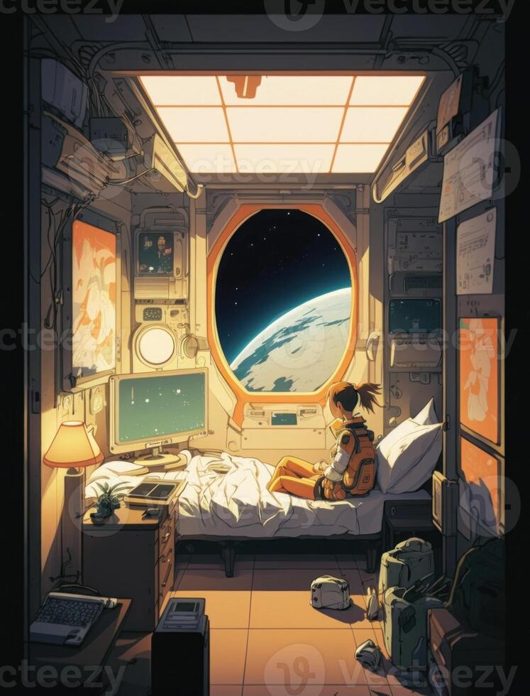 Illustration cartoon design of a crowded astronaut's sitting bedroom in the spaceship and looking outside to the space view. spaceman sitting bedroom in spaceship. Non-existent person. photo