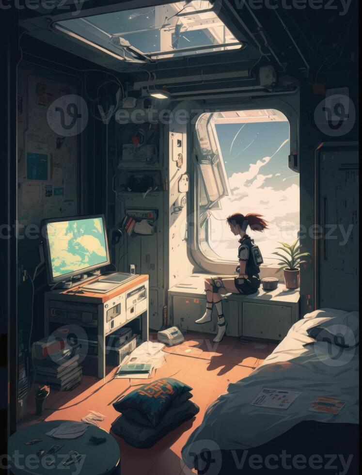 Illustration cartoon design of a crowded astronaut's sitting bedroom in the spaceship and looking outside to the space view. spaceman sitting bedroom in spaceship. Non-existent person. photo