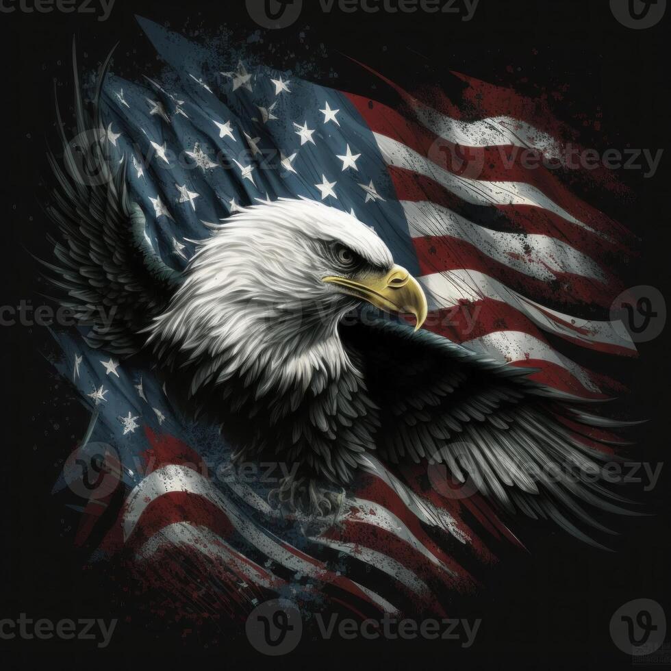 eagle and USA flag national poster. American Bald Eagle - a symbol of America with flag. Bald eagle on american flag background created. photo