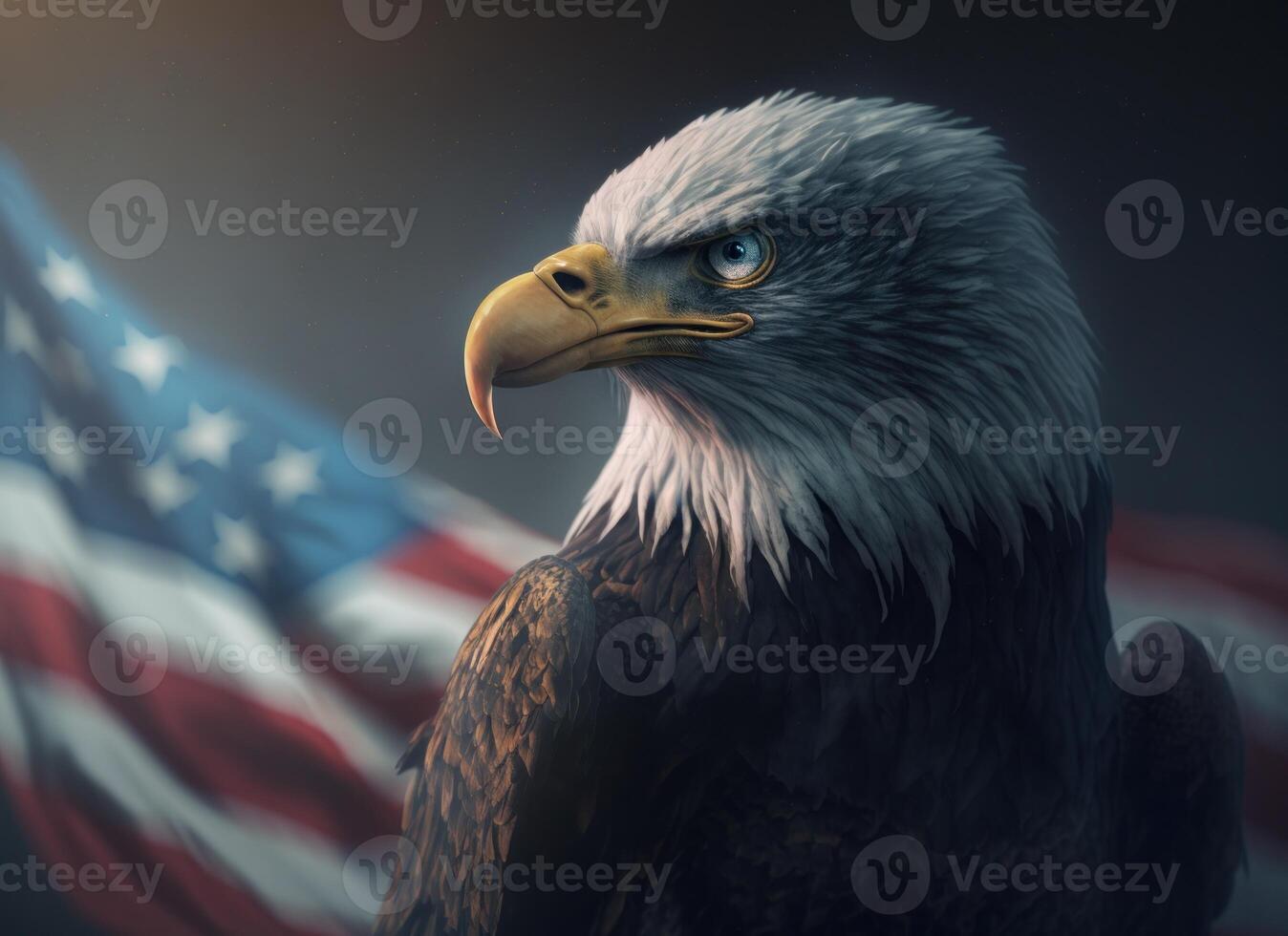 eagle and USA flag national poster. American Bald Eagle - a symbol of America with flag. Bald eagle on american flag background created. photo