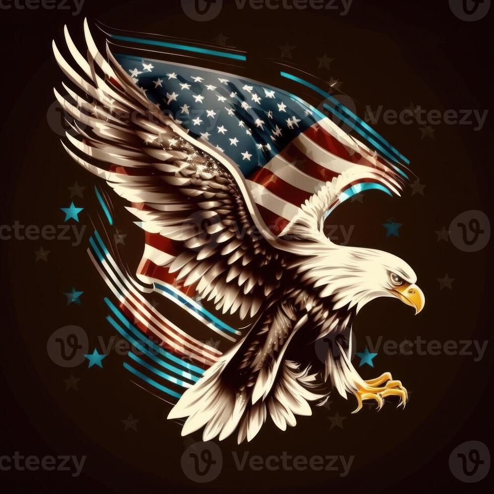 eagle and USA flag national poster. American Bald Eagle - a symbol of America with flag. Bald eagle on american flag background created. photo