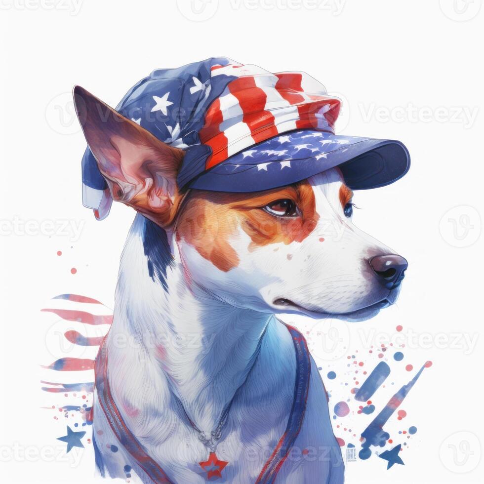 illustration cute dog wearing an American flag hat. independence day 4th of July dog. Cute baby dog in hat. photo