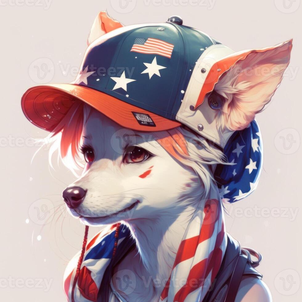 illustration cute dog wearing an American flag hat. independence day 4th of July dog. Cute baby dog in hat. photo