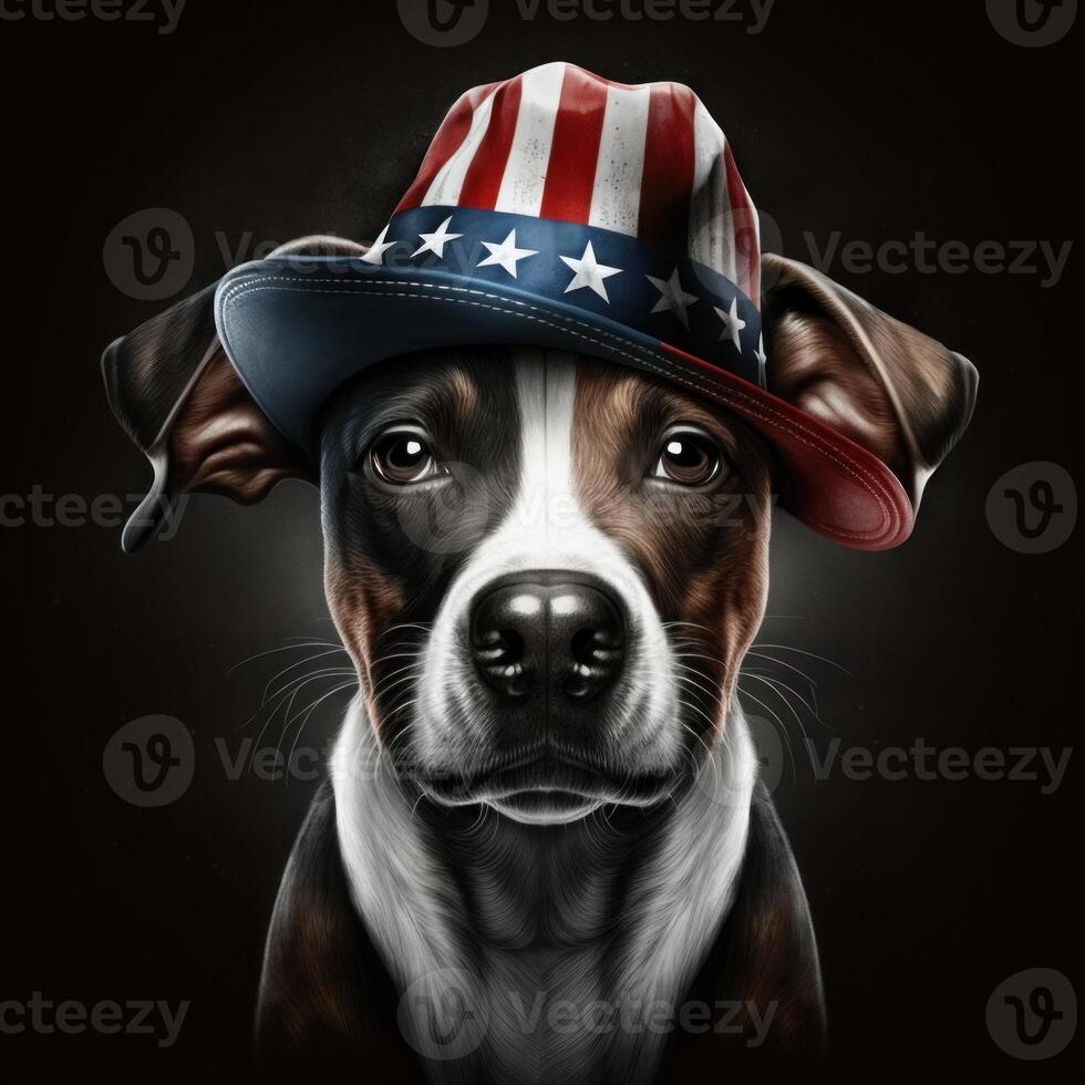 illustration cute dog wearing an American flag hat. independence day 4th of July dog. Cute baby dog in hat. photo