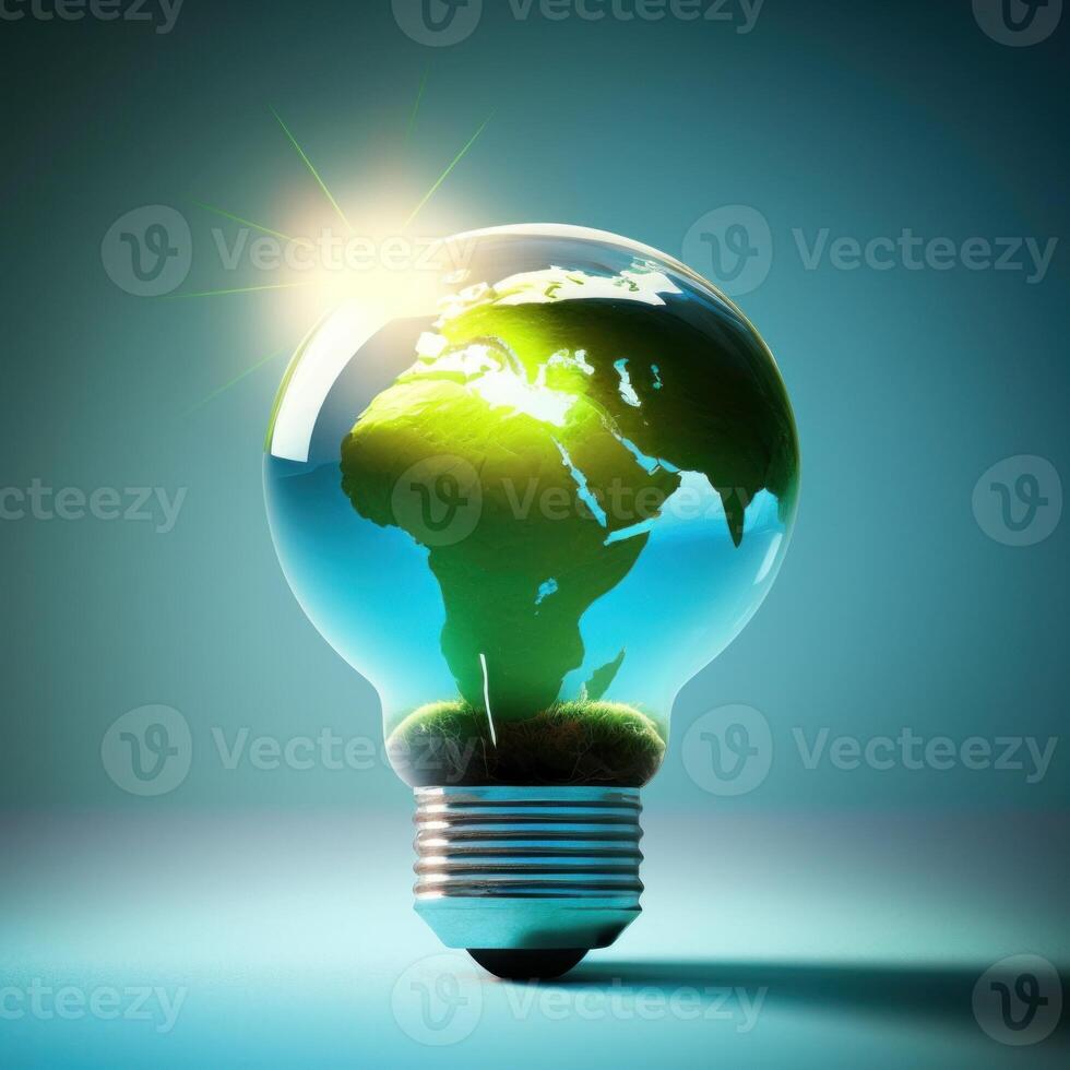 realistic 3D environment and Earthday concept. the lightbulb has a tree inside it. Lightbulb with a tree growing on it. The ecological notion of saving the earth with green energy. photo