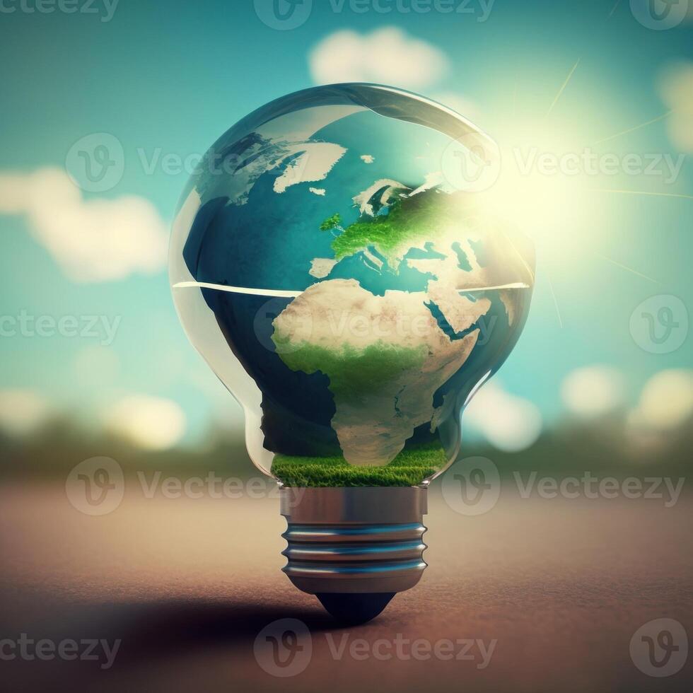 realistic 3D environment and Earthday concept. the lightbulb has a tree inside it. Lightbulb with a tree growing on it. The ecological notion of saving the earth with green energy. photo