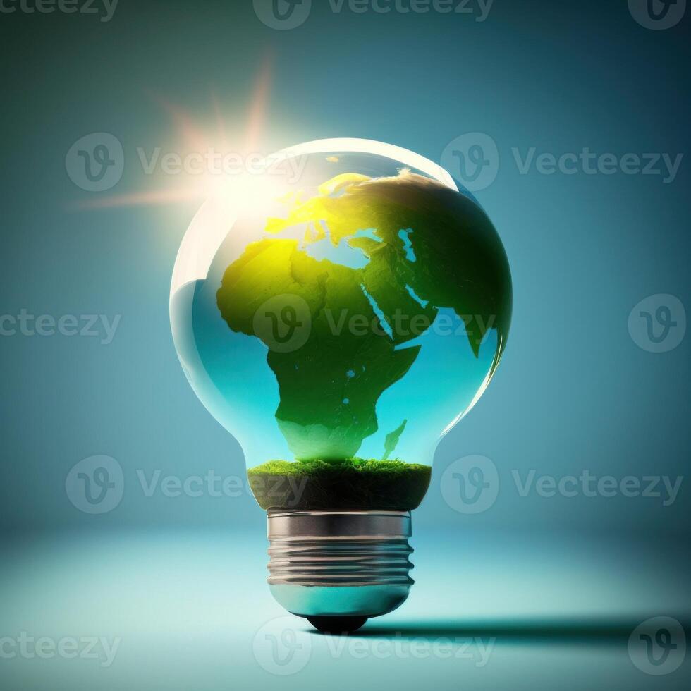 realistic 3D environment and Earthday concept. the lightbulb has a tree inside it. Lightbulb with a tree growing on it. The ecological notion of saving the earth with green energy. photo