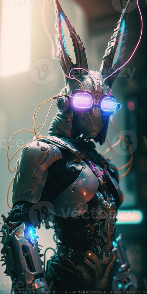 Portrait of a rabbit cyborg man with futuristic color metal virtual reality glasses, rabbit cyborg man Augmented Reality and futuristic vision 3d. Non-existent person. photo