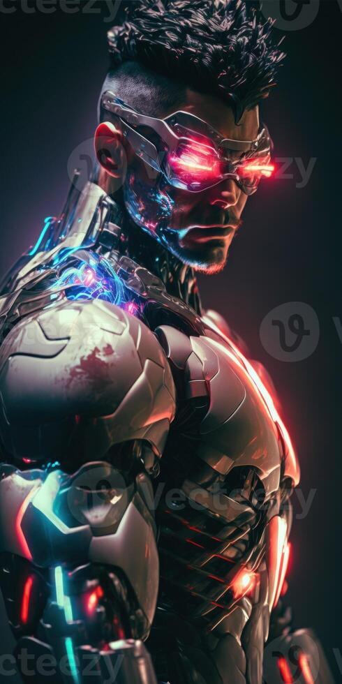 Portrait of a young cyborg man with futuristic color metal virtual reality glasses, cyborg man Augmented Reality, and futuristic vision 3d. Non-existent person. photo