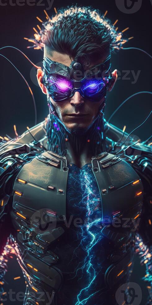 Portrait of a young cyborg man with futuristic color metal virtual reality glasses, cyborg man Augmented Reality, and futuristic vision 3d. Non-existent person. photo