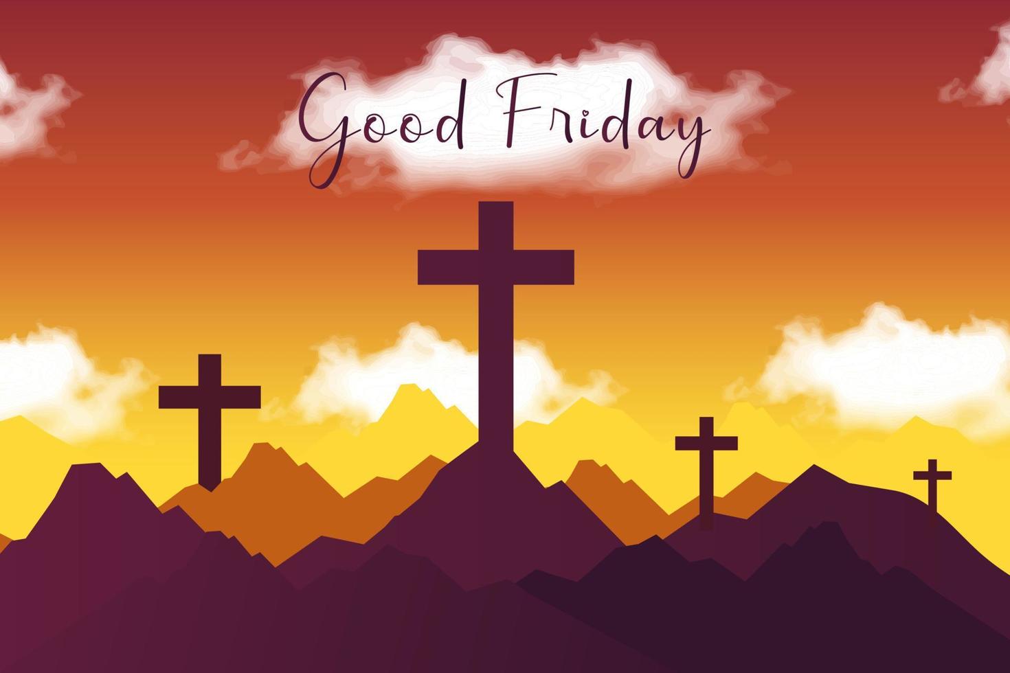 Good friday banner illustration with cross on the hill and realistic clouds. Good Friday is a Christian holiday commemorating the crucifixion of Jesus and his death at Calvary. vector