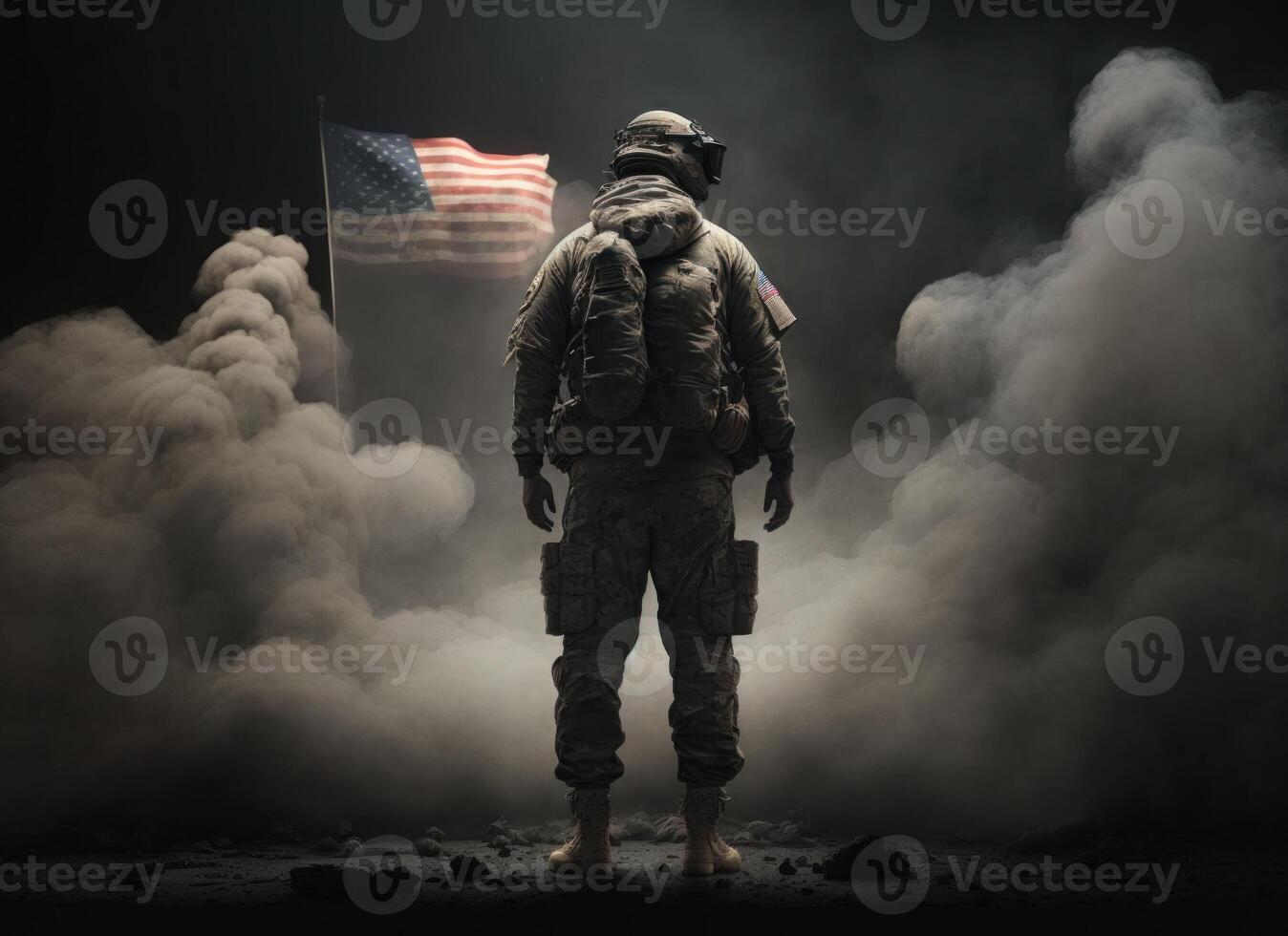 4th of July concep. portrait of A soldier in front of a flag of the USA. The soldier with the gun in front of a flag. portrait soldie standing in front of usa flag. Non-existent person. photo