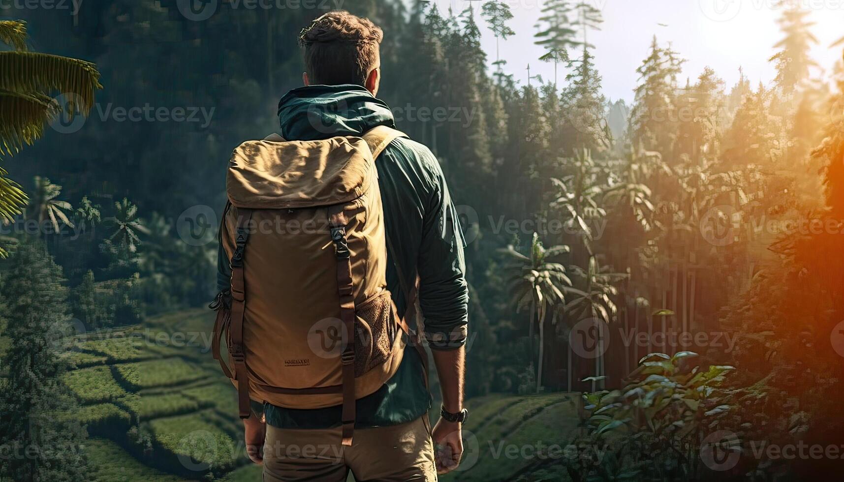 Rear view of man backpack travel in park garden and beautiful nature, Happy male tourist to travel in wild trip hiking during vacation Traveler and holidays. Non-existent person. photo