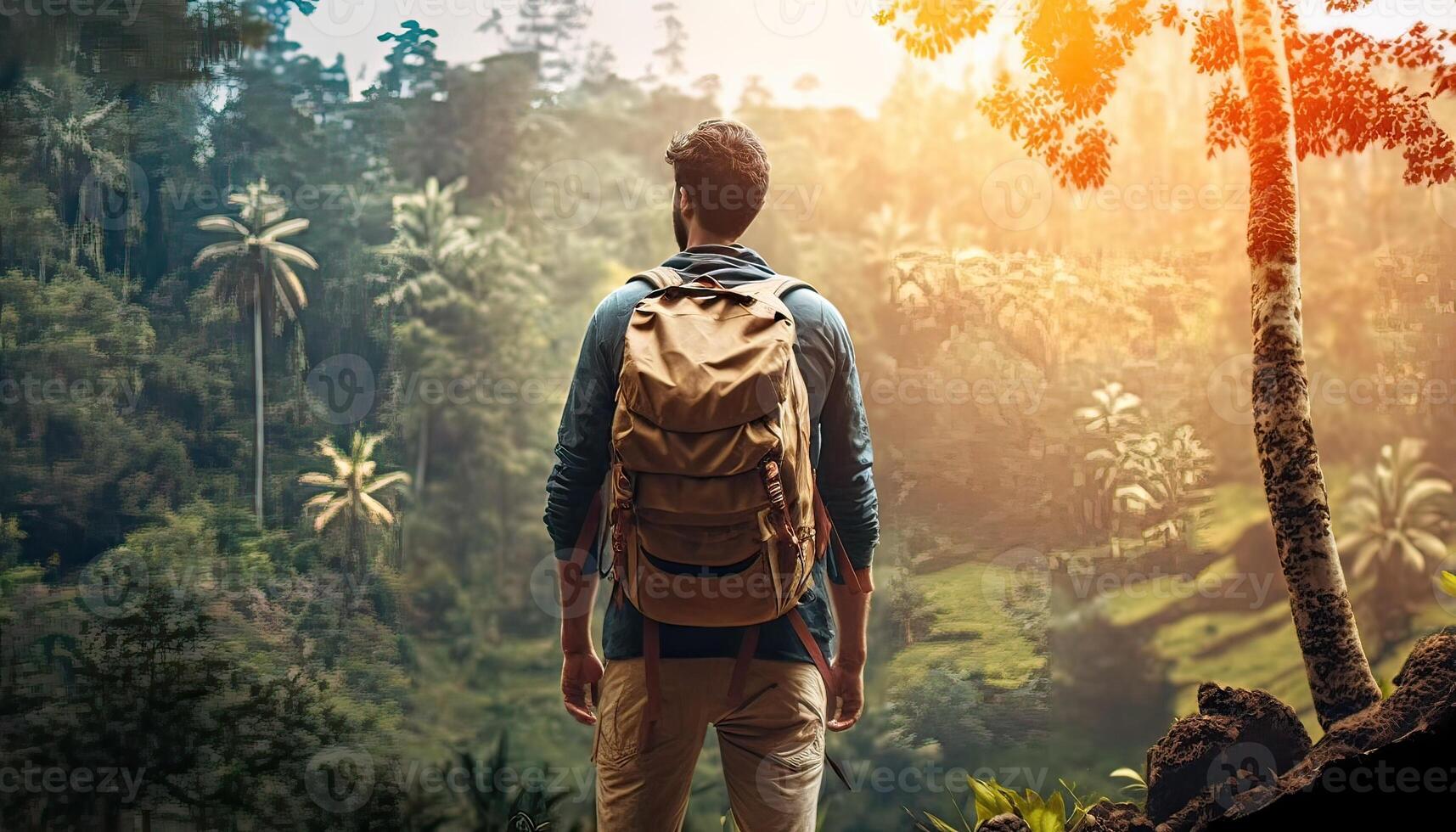 Rear view of man backpack travel in park garden and beautiful nature, Happy male tourist to travel in wild trip hiking during vacation Traveler and holidays. Non-existent person. photo