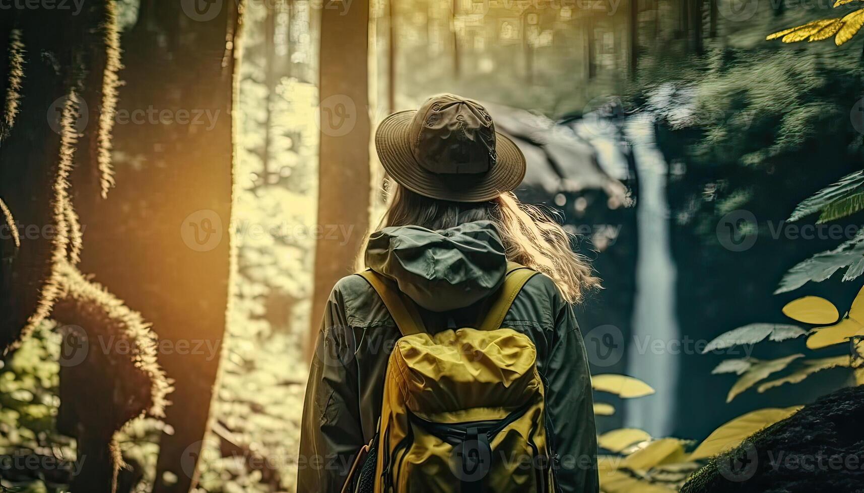 Rear view of girl backpack travel in park garden and beautiful nature, Happy male tourist to travel in wild trip hiking during vacation Traveler and holidays. Non-existent person. photo