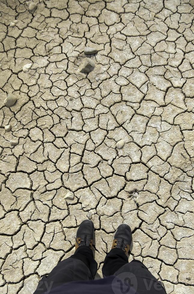 Feet of man on dry ground photo