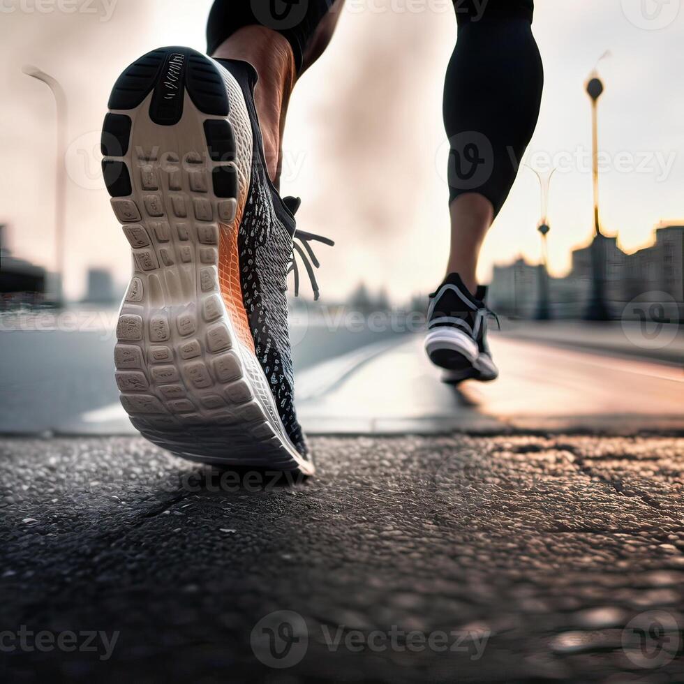 Close-Up of a Runner's Shoe in Action. one foot on the ground firmly, and the other side lifted to prepare to rise and soar, running. Non-existent person. photo