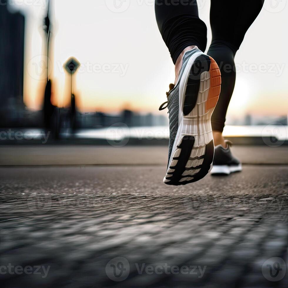 de cerca de un del corredor zapato en acción. uno pie en el suelo firmemente, y el otro lado levantado a preparar a subir y remontarse, correr. inexistente persona. generativo ai foto