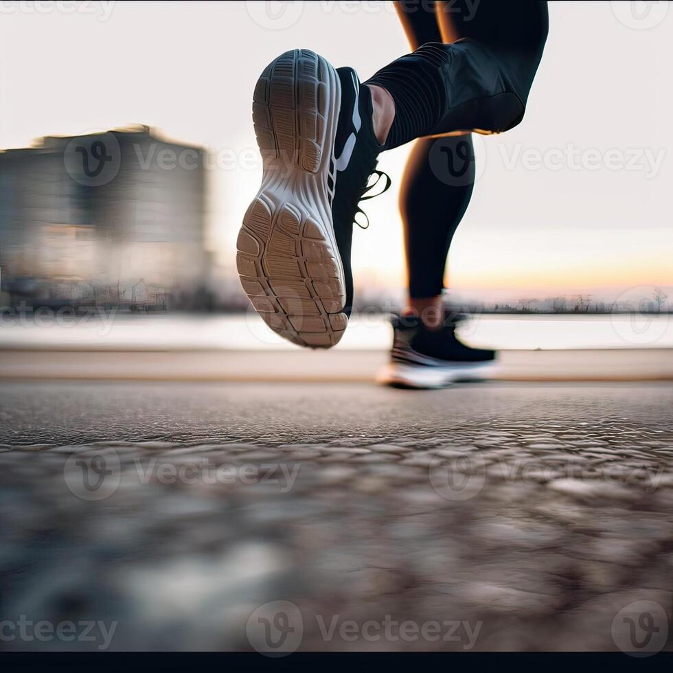 de cerca de un del corredor zapato en acción. uno pie en el suelo firmemente, y el otro lado levantado a preparar a subir y remontarse, correr. inexistente persona. generativo ai foto