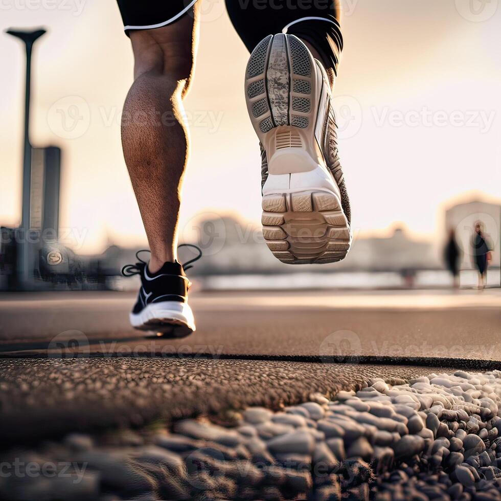 Close-Up of a Runner's Shoe in Action. one foot on the ground firmly, and the other side lifted to prepare to rise and soar, running. Non-existent person. photo