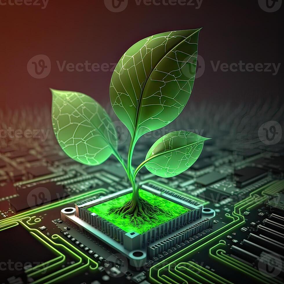 Growing tree on the converging point of acomputer circuit board. Nature with Digital Convergence and Technological Convergence. Green Computing, Green Technology, Green IT, csr, photo