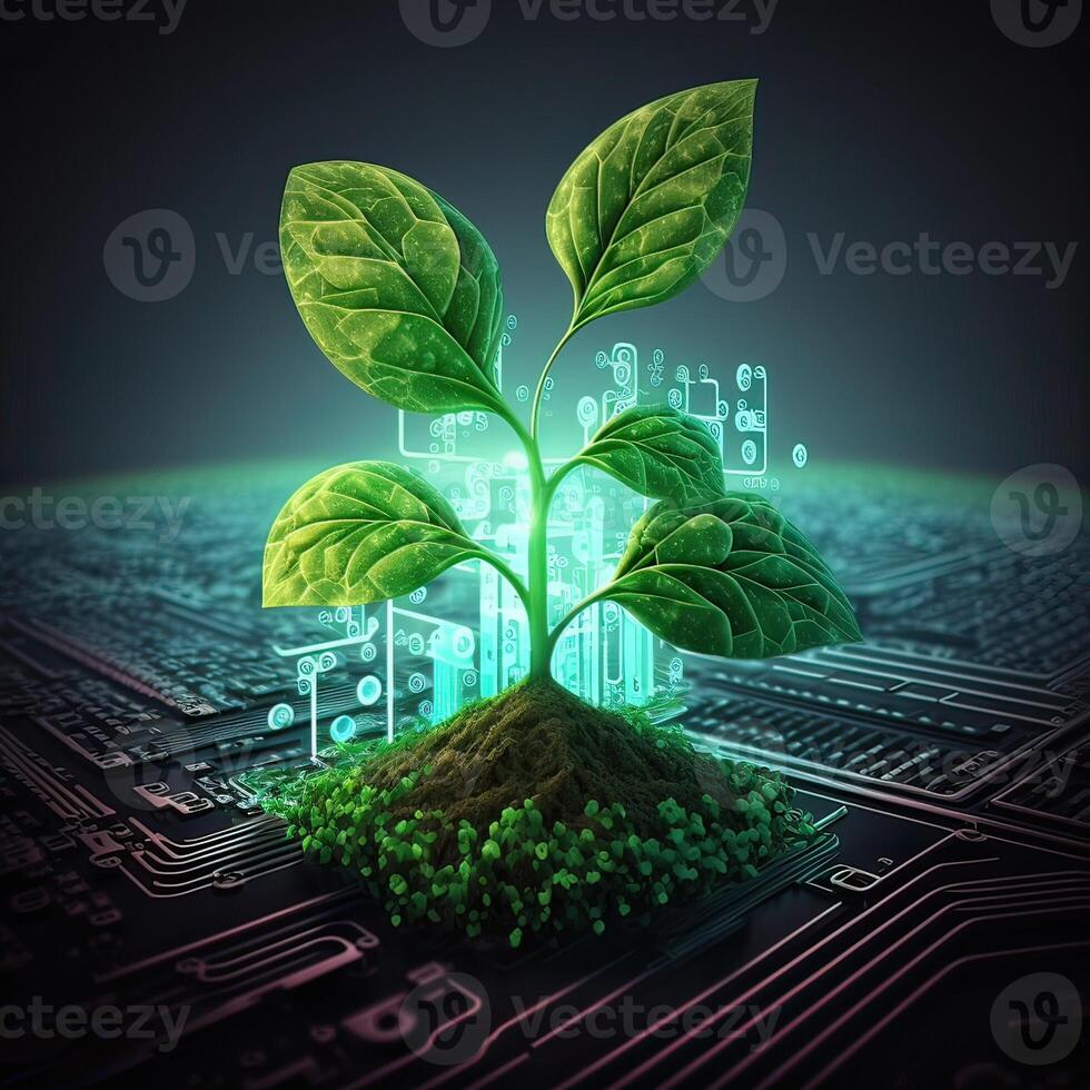 Growing tree on the converging point of acomputer circuit board. Nature with Digital Convergence and Technological Convergence. Green Computing, Green Technology, Green IT, csr, photo