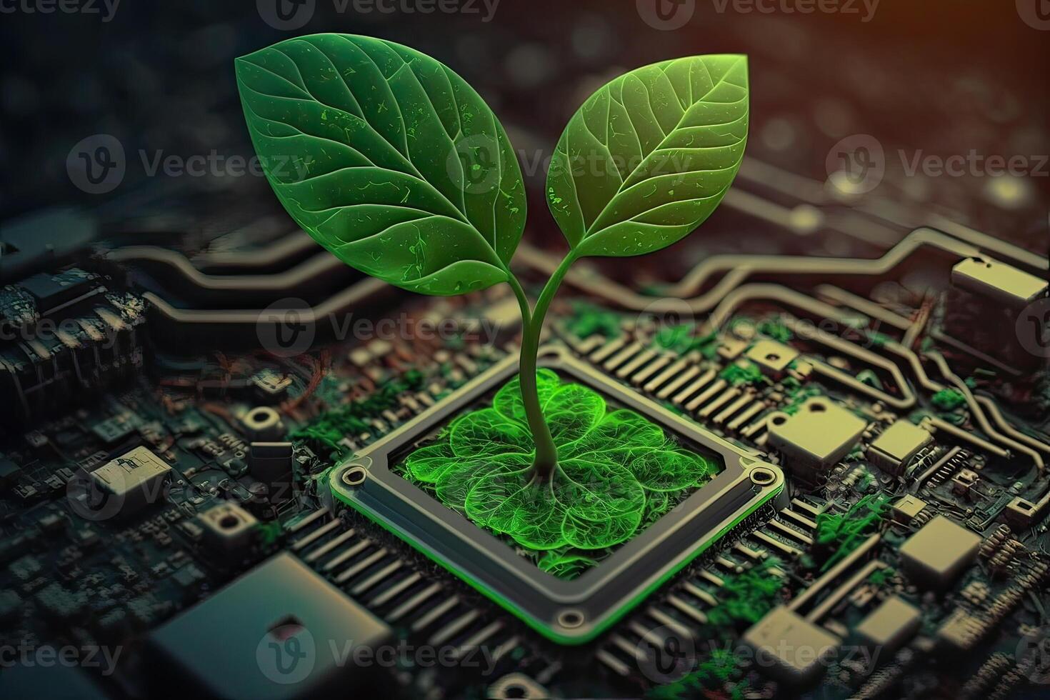 Growing tree on the converging point of acomputer circuit board. Nature with Digital Convergence and Technological Convergence. Green Computing, Green Technology, Green IT, csr, photo