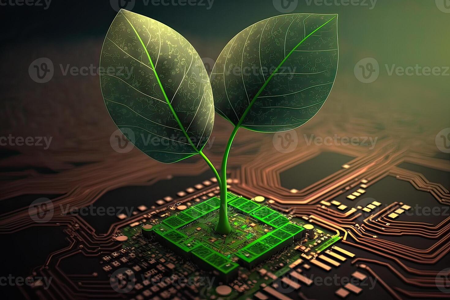 Growing tree on the converging point of acomputer circuit board. Nature with Digital Convergence and Technological Convergence. Green Computing, Green Technology, Green IT, csr, photo