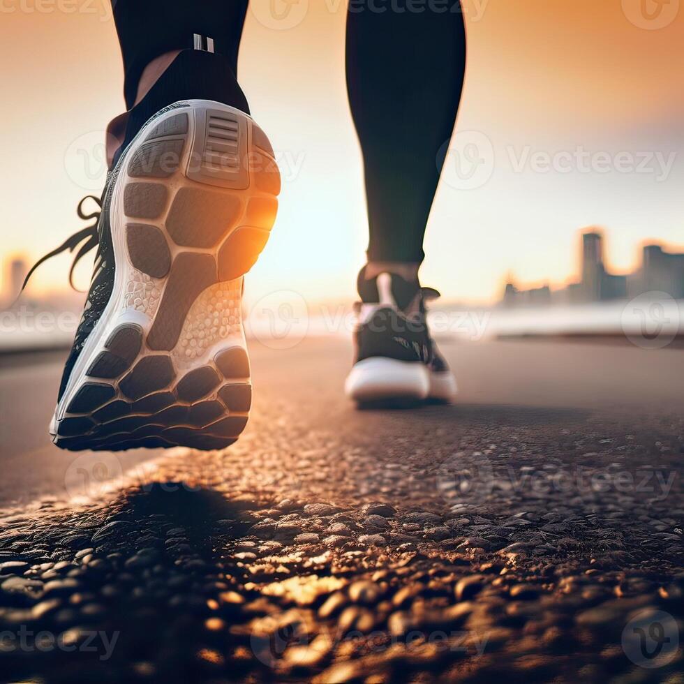 Close-Up of a Runner's Shoe in Action. one foot on the ground firmly, and the other side lifted to prepare to rise and soar, running. Non-existent person. photo