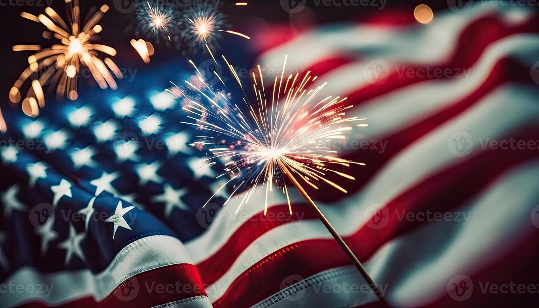 Happy 4th of July with the United States flag. Fireworks. Close-up shot of waved flag of the United States of America. independence day. . photo