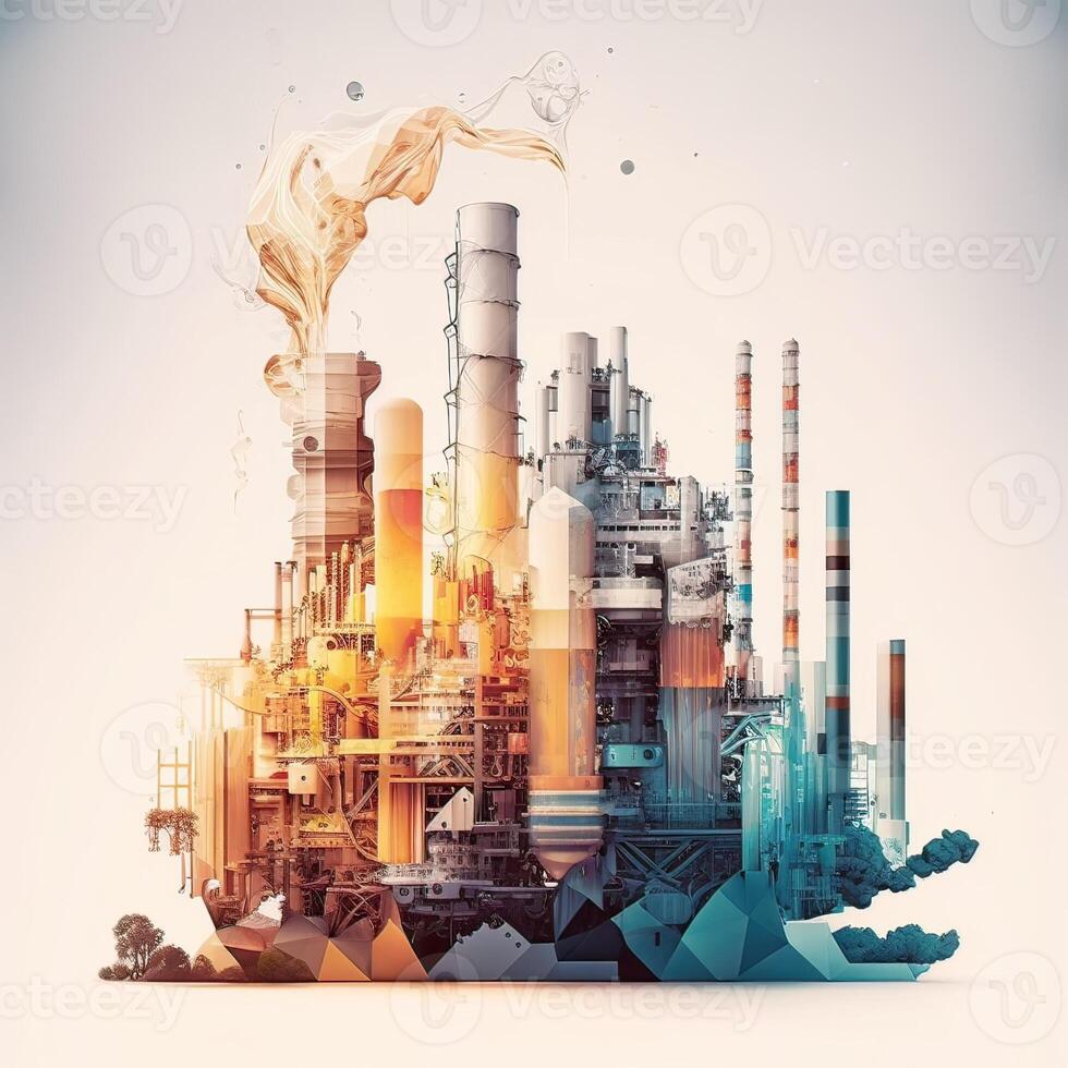 illustration Oil and Gas plant with shipping loading dock at twilight.Processing Oil Product Building of Chemical Petroleum Factory, Heavy Industrial Sector. photo