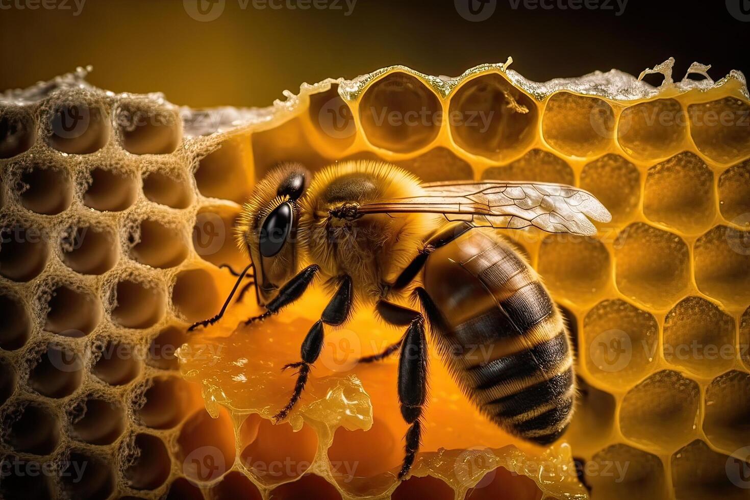 A honey bee works in a beehive on honeycombs. Close-up, selective focus. Close-up view of the working bees on honey cells. bee on honeycomb. photo