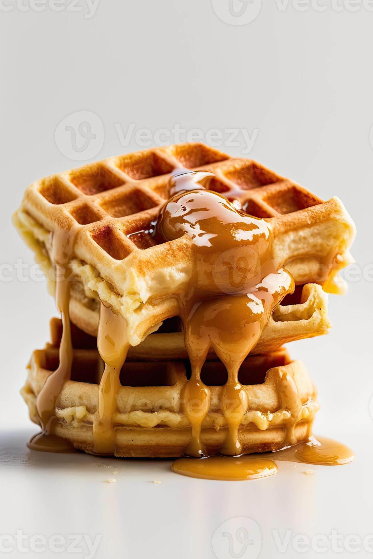 Stack of waffles with syrup on grey background, copy space Delicious