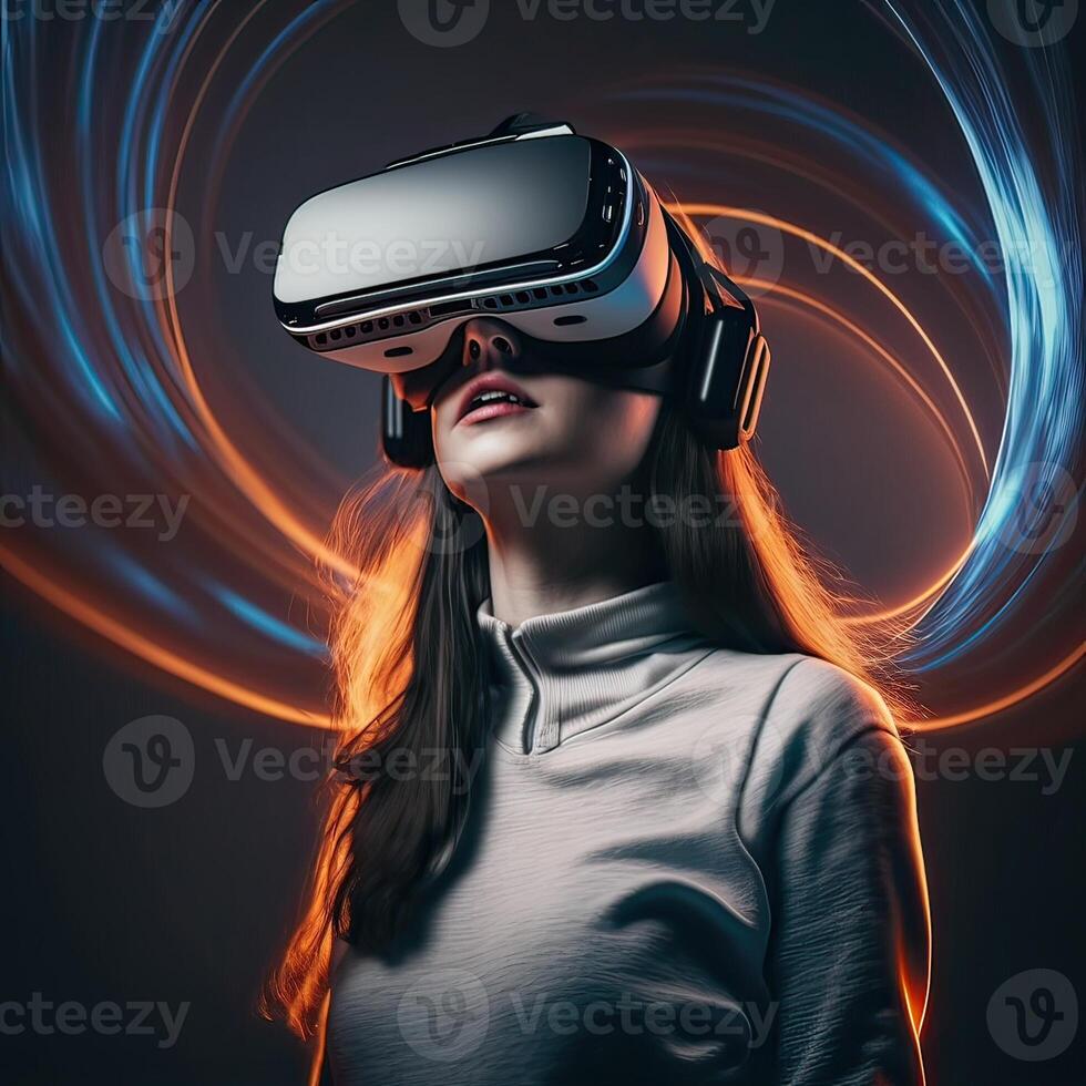 mujer vistiendo virtual realidad gafas de protección en pie en virtual mundo antecedentes. concepto de virtual realidad tecnología. inexistente persona. generativo ai foto