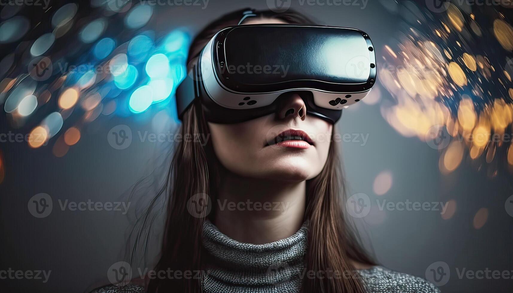 Woman wearing virtual reality goggles standing in virtual world background. Concept of virtual reality technology. Non-existent person. photo