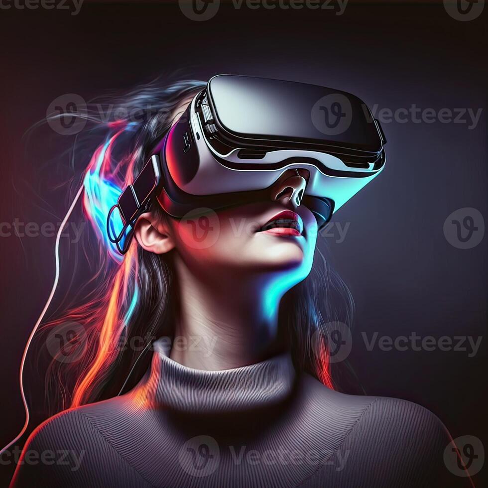 Woman wearing virtual reality goggles standing in virtual world background. Concept of virtual reality technology. Non-existent person. photo