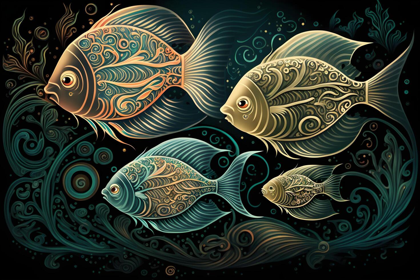 illustration of underwater life with various kinds of coral reef fish, made by technology photo