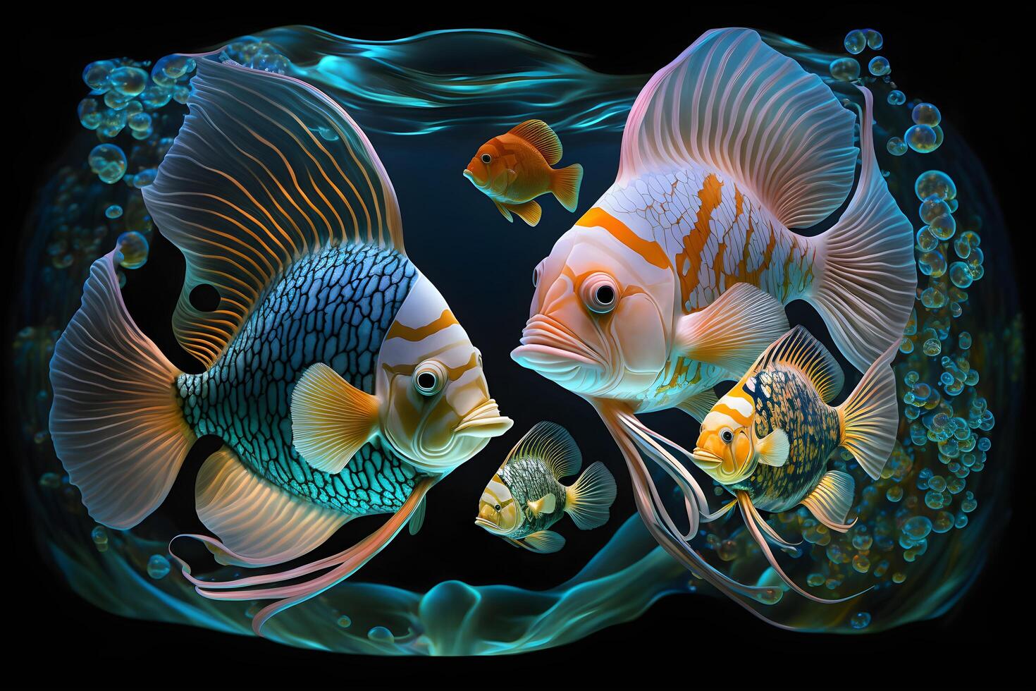 illustration of underwater life with various kinds of coral reef fish, made by technology photo