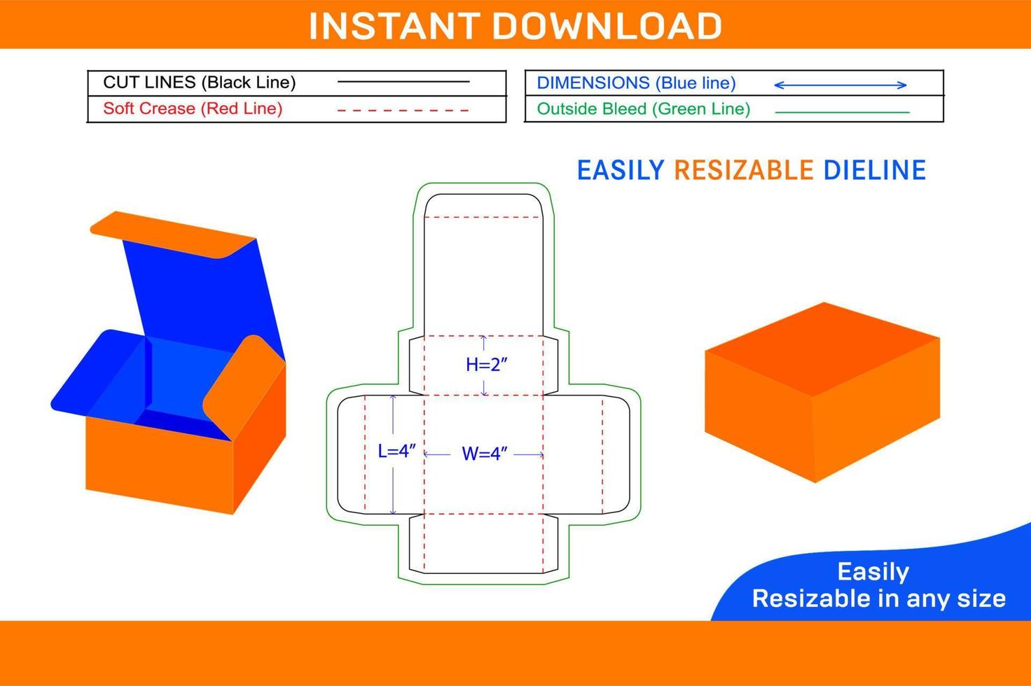 Food box packaging template 4x4x2 inch and 3D box design Box dieline and 3D box vector