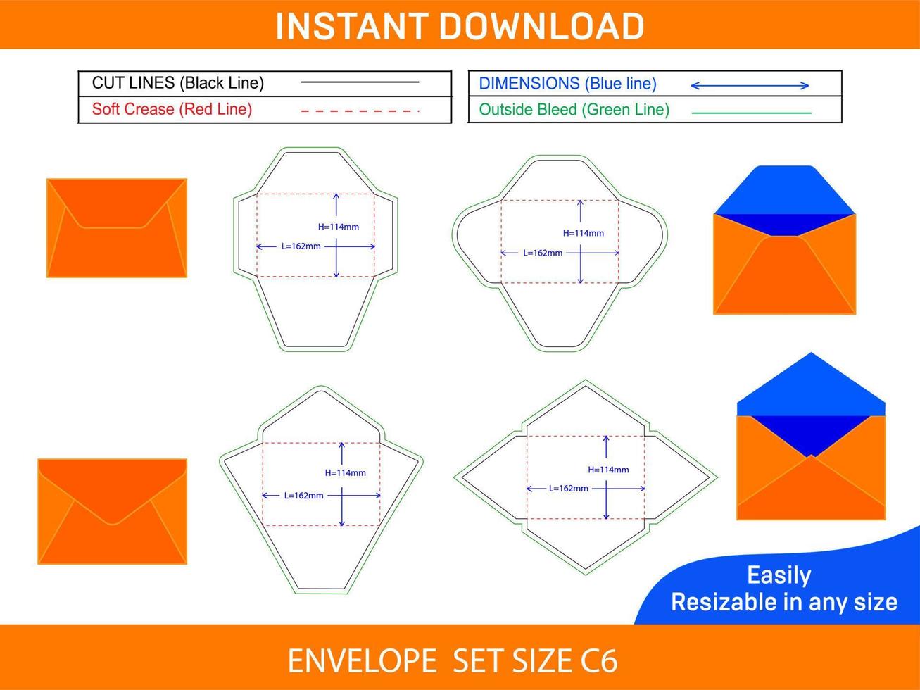 Envelope set size of C6 die cut template and 3D envelope Box dieline and 3D box vector