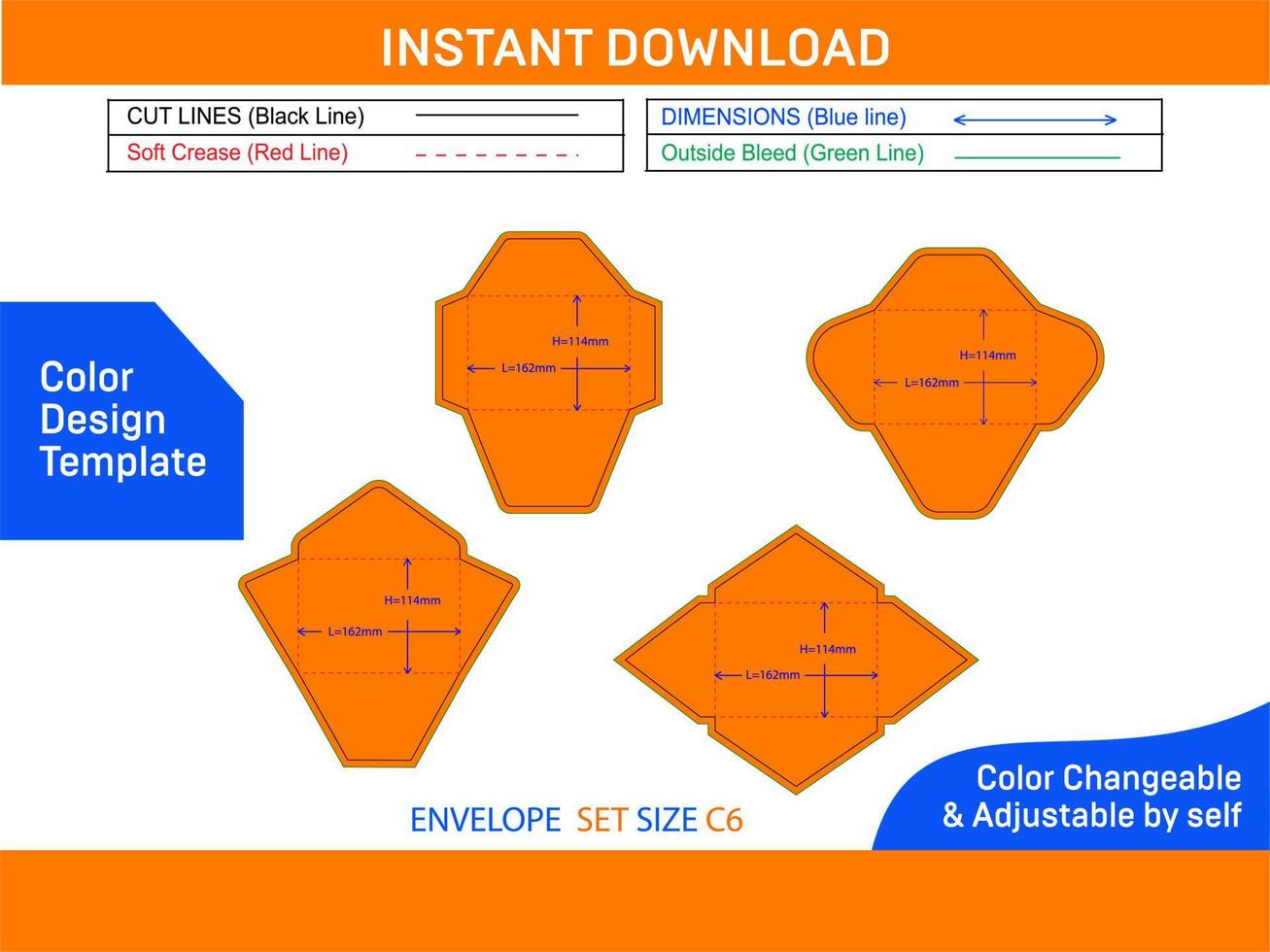 Envelope set size of C6 die cut template and 3D envelope Color Design Template vector