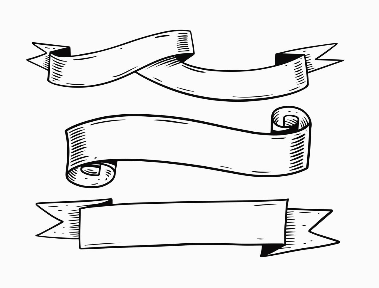 Hand drawn black and white ribbons set. Engraving style vector illustration.