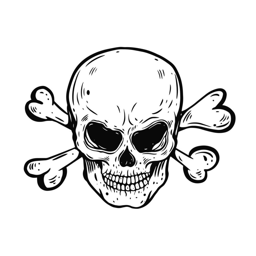 Evil skull and bones. Hand drawn black color vector illustration.