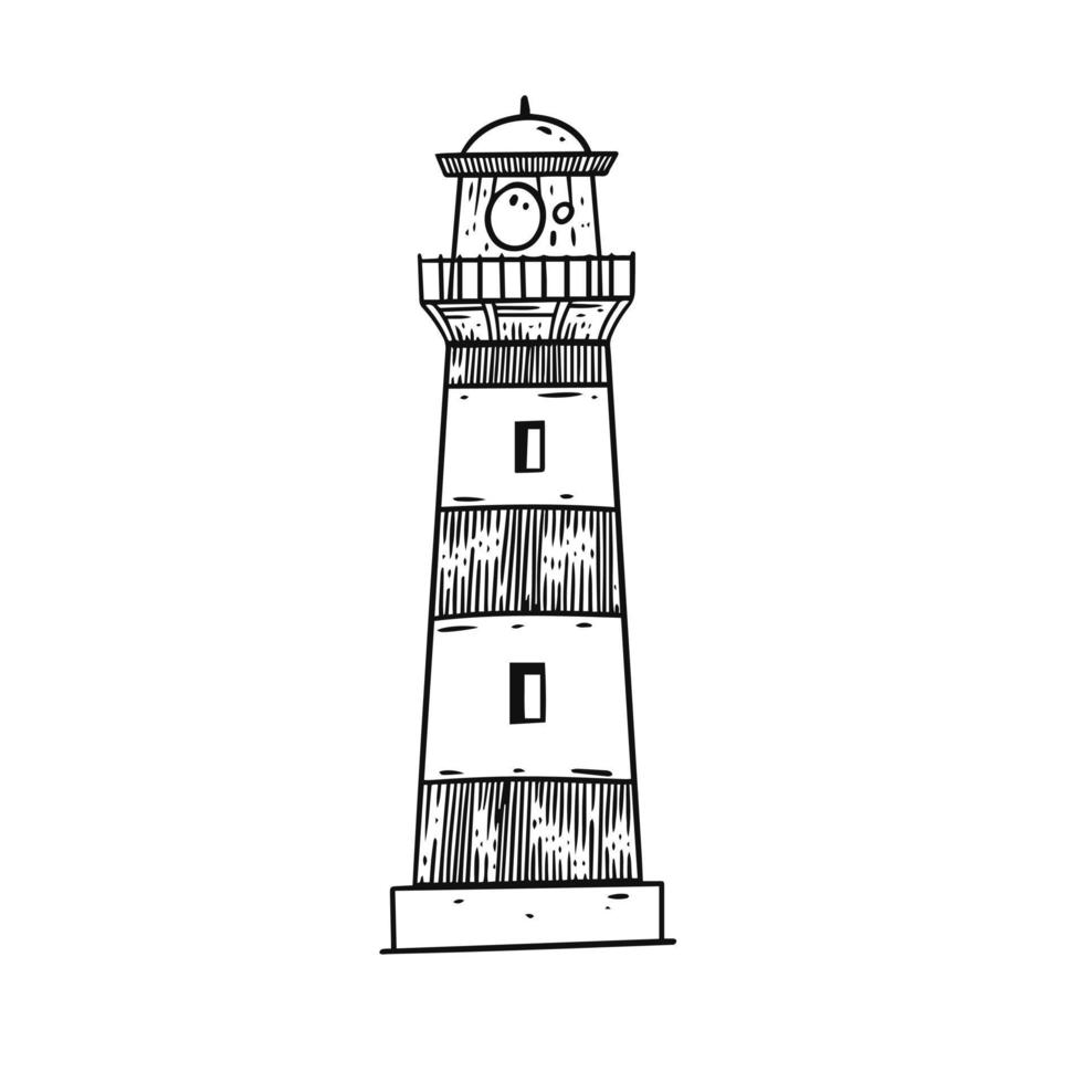 Hand drawn black color lighthouse. Engraving style art. Doodle sketch. vector