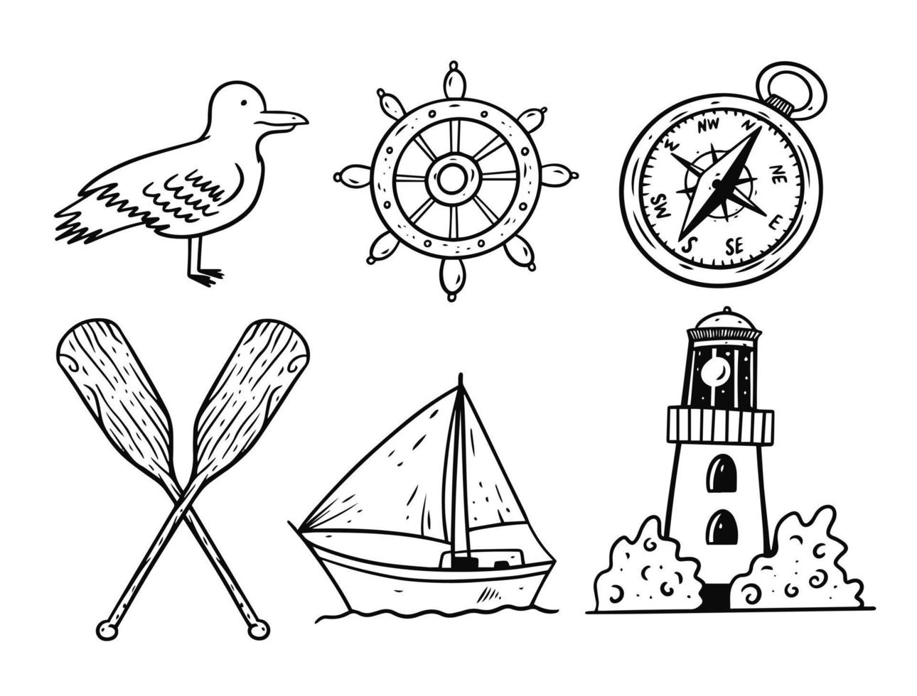 Graphic style doodle sea objects set. Black ink vector illustration.